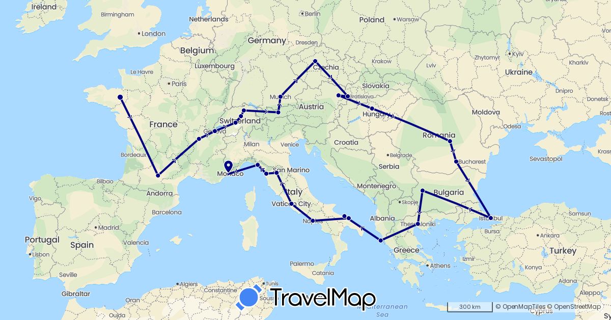 TravelMap itinerary: driving in Austria, Bulgaria, Switzerland, Czech Republic, Germany, France, Greece, Hungary, Italy, Romania, Slovakia, Turkey (Asia, Europe)